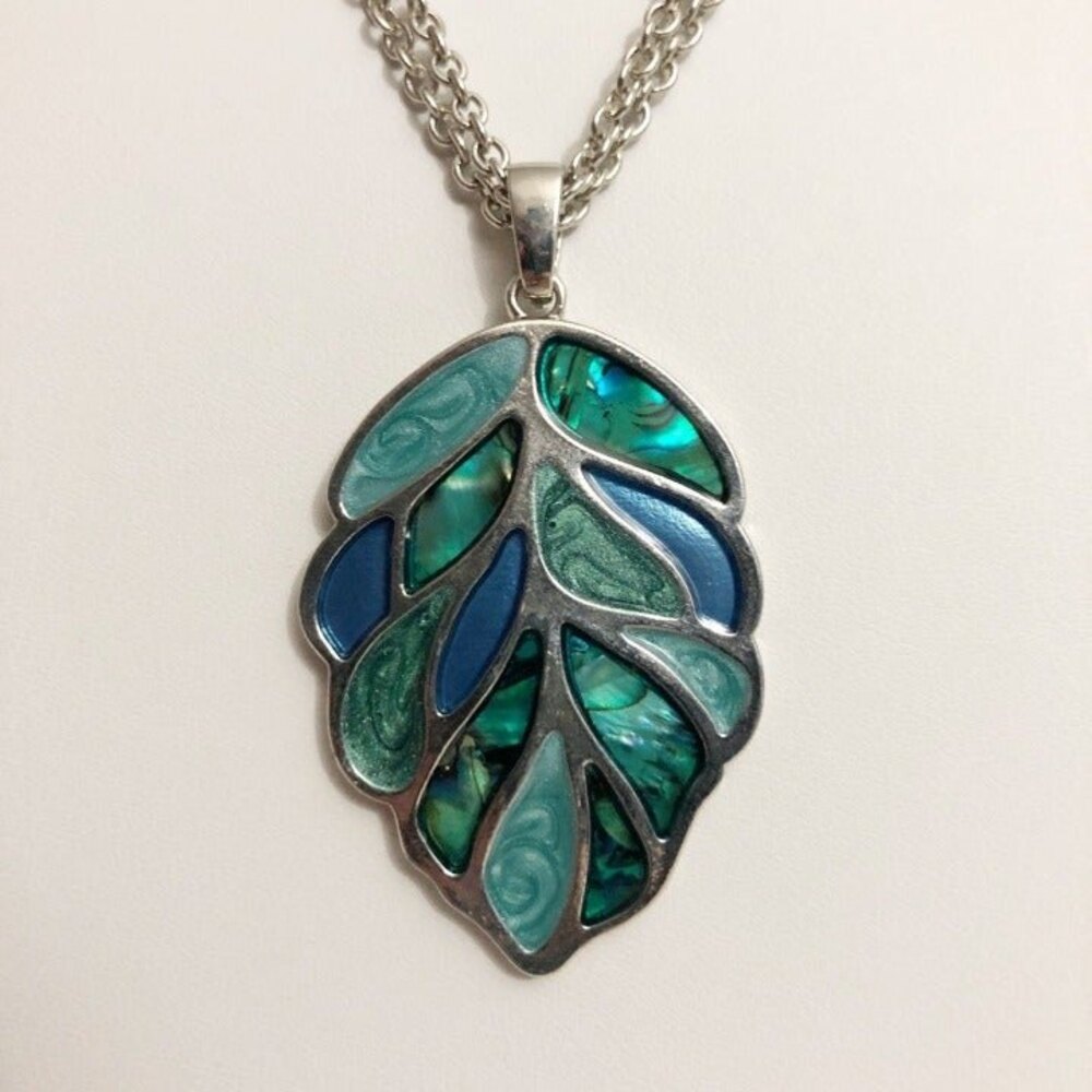 Mosaic Leaf Pendant Necklace Shades of Blue
